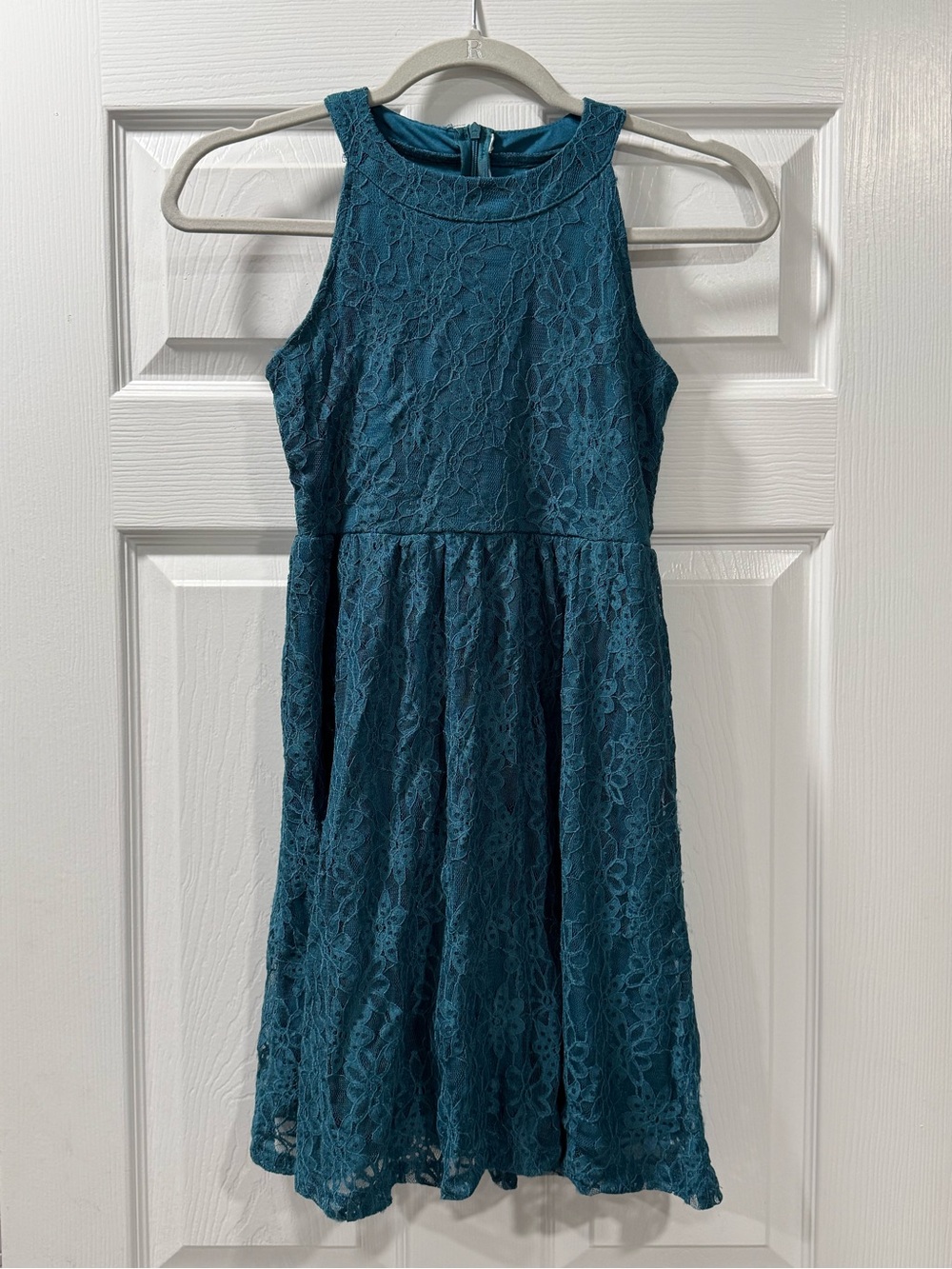 Girls Teal Lace Halter Neck Formal Dress